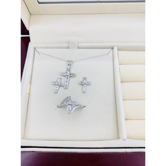 10k Gold earrings, ring, pendant and necklace cross set diamonds white gold